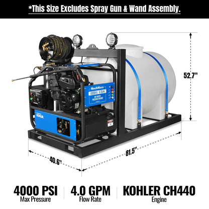 MechMaxx HPW40KBT Pressure Washer 4000 PSI 4 GPM KOHLER Electric Start Hot Water Skid Mounted with 245 Gal Tank New