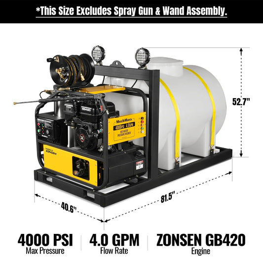MechMaxx HPW40DBT Pressure Washer 4000 PSI 4 GPM Hot Water Skid Mounted w/ 245 Gal Tank ZONSEN Electric Start Engine New