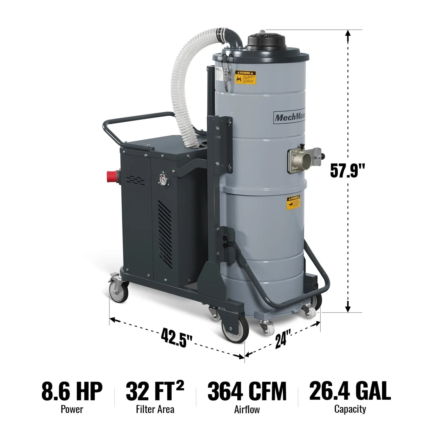 MechMaxx IVB230 Wet Dry Vacuum Industrial HEPA Filter Continuous Duty 8.6 HP 364 CFM 26.4 Gallon 230V 3 Phase New