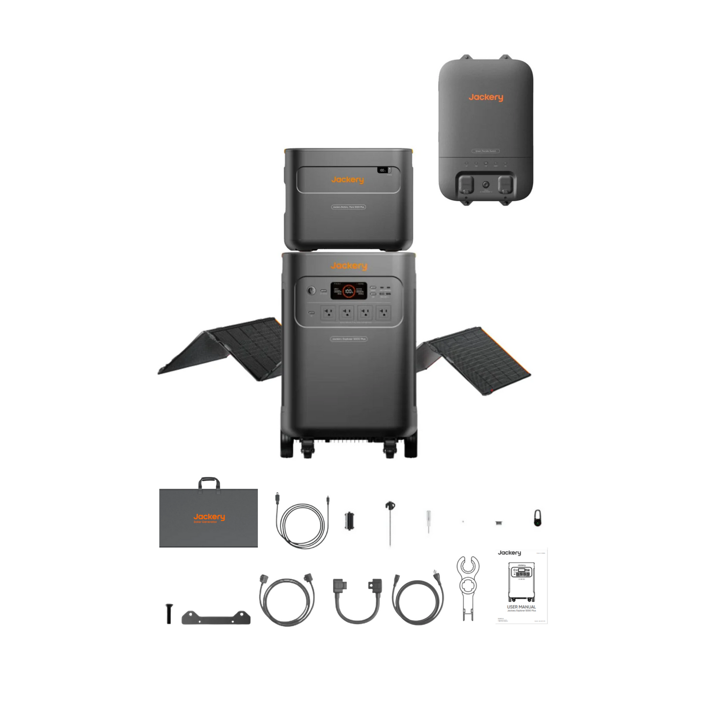 Jackery Explorer 5000 Plus + 1 x E5000 Expansion Battery + 1 x 500X Solar Panel + 1 x Smart Home Transfer Switch Inclusions