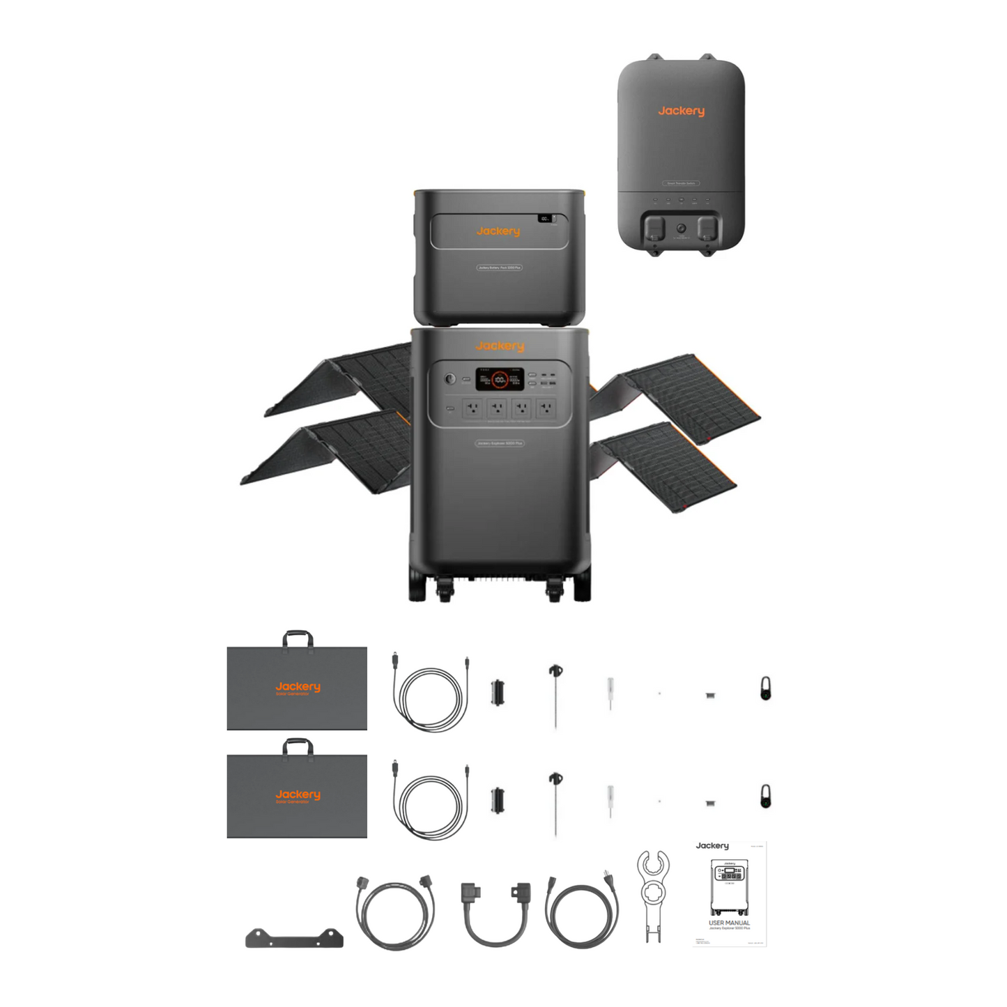 Jackery Explorer 5000 Plus + 1 x E5000 Expansion Battery + 2 x 500X Solar Panel + 1 x Smart Home Transfer Switch Inclusions