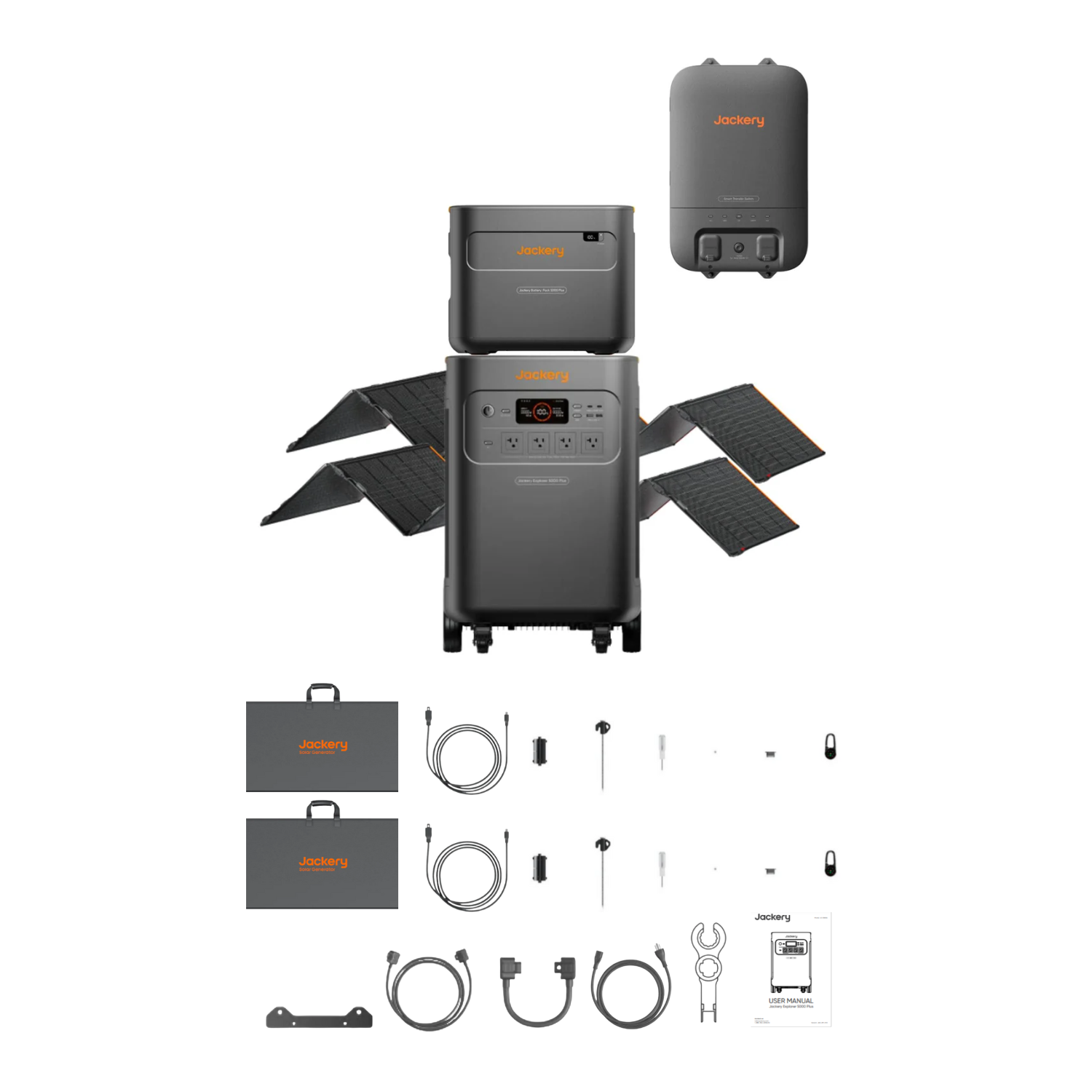 Jackery Explorer 5000 Plus + 1 x E5000 Expansion Battery + 2 x 500X Solar Panel + 1 x Smart Home Transfer Switch Inclusions