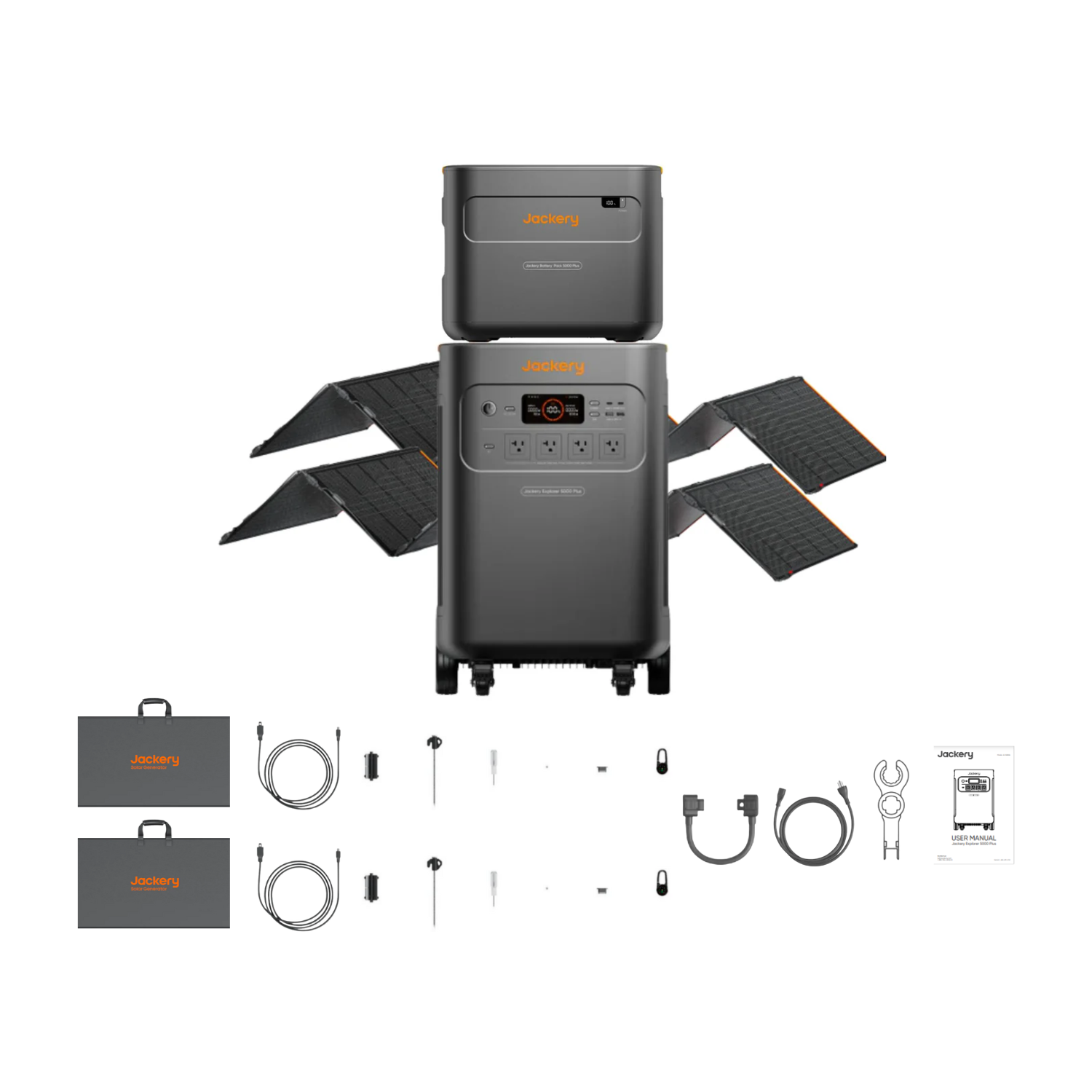Jackery Explorer 5000 Plus + 1 x E5000 Expansion Battery + 2 x 500X Solar Panel Inclusions