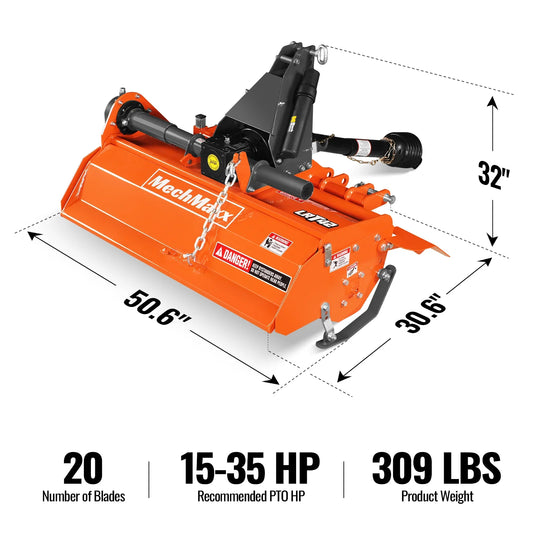 MechMaxx LRT42 Rotary Tiller 42" 3 Point Hitch Cat.1 Chain Drive PTO Shaft Included Shear Bolt 15-35 HP New