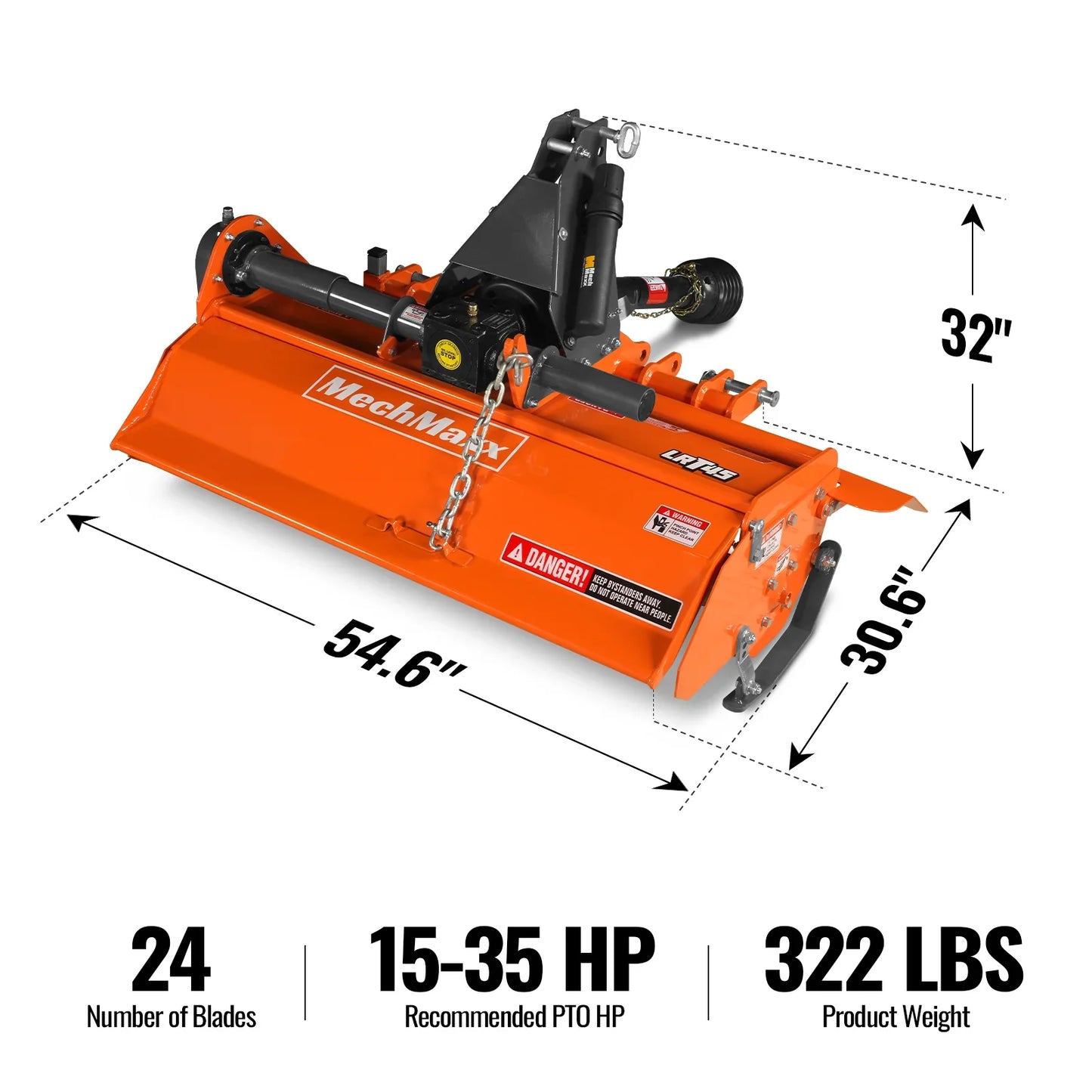 MechMaxx LRT45 Rotary Tiller 45" 3 Point Hitch Cat 1 Chain Drive PTO Shaft Included 15-35 HP New