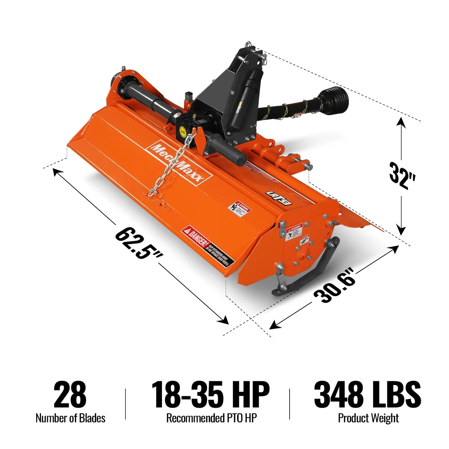 MechMaxx LRT53 Rotary Tiller 53" 3 Point Hitch Cat.1 Chain Drive PTO Shaft Included Shear Bolt 18-35 HP New