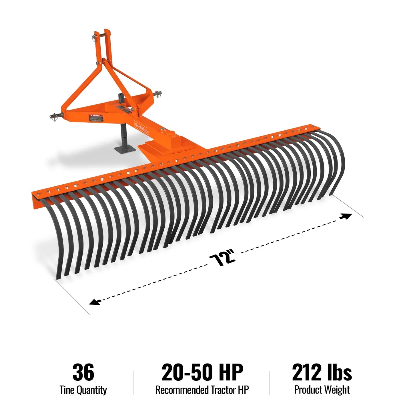 MechMaxx LR72 Landscape Rake 72" 36 Tines 3 Point Hitch Tractor Attachment New