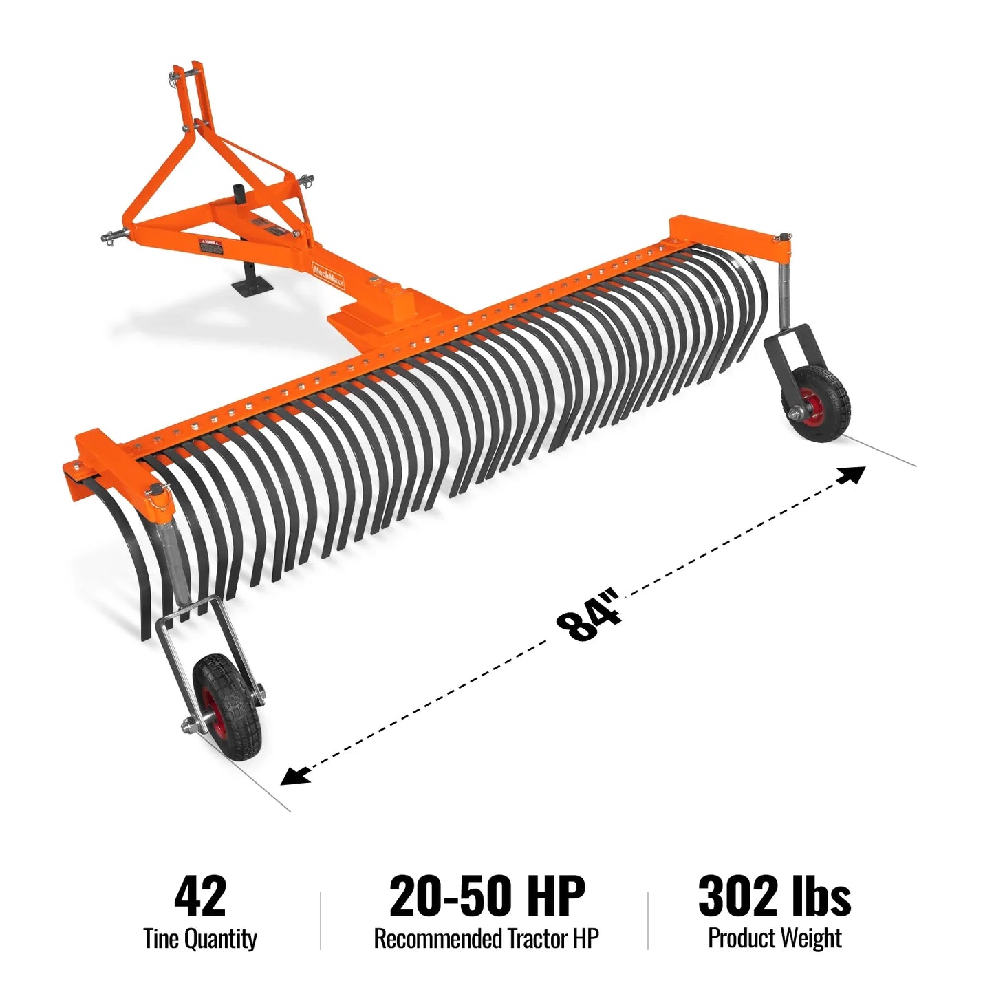 MechMaxx LR84W Landscape Rake 84" Bolt-On Wheels 42 Tines 3 Point Hitch Tractor Attachment New
