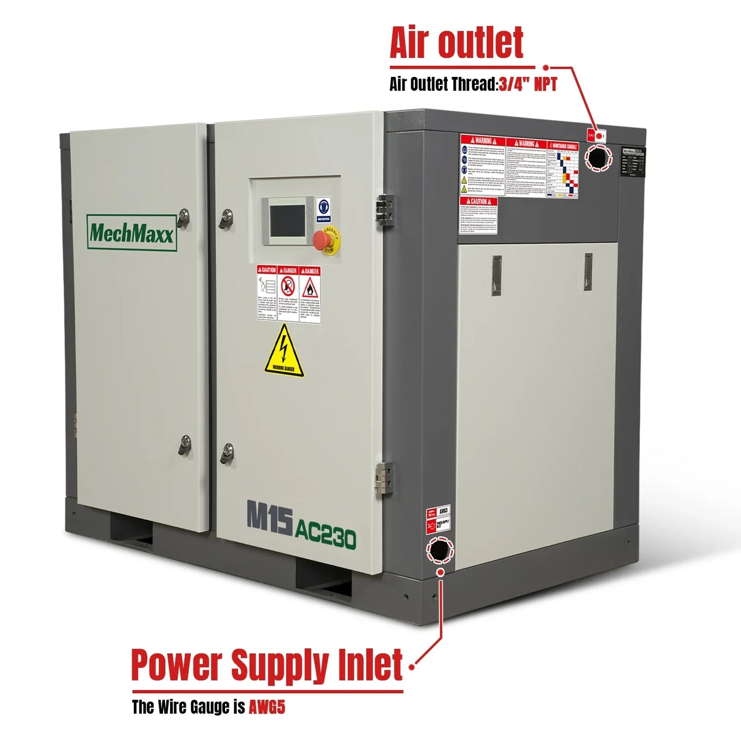 MechMaxx M15AC230 Air Compressor 15HP Rotary Screw 45 CFM 116 PSI 230V 3-Phase Industrial-Grade New