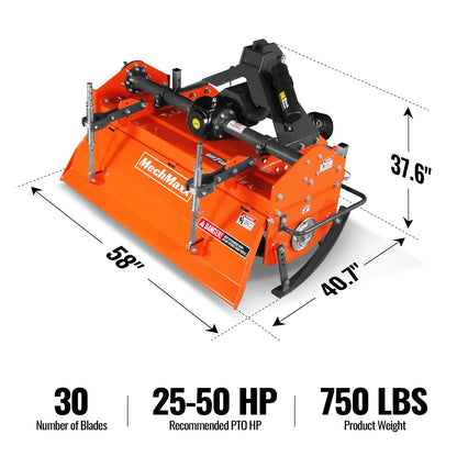 MechMaxx MRT48 Rotary Tiller 48" 3 Point Hitch Cat. 1 & 2 Gear Drive PTO Shaft Included Slip Clutch 25-50 HP New