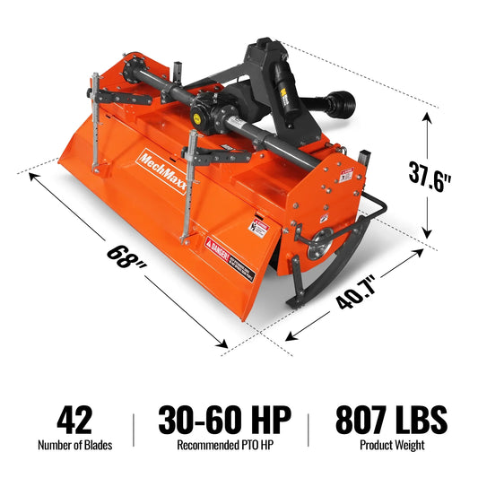 MechMaxx MRT60 Rotary Tiller 60" 3 Point Hitch Cat. 1 & 2 Gear Drive PTO Shaft Included Slip Clutch 30-60 HP New