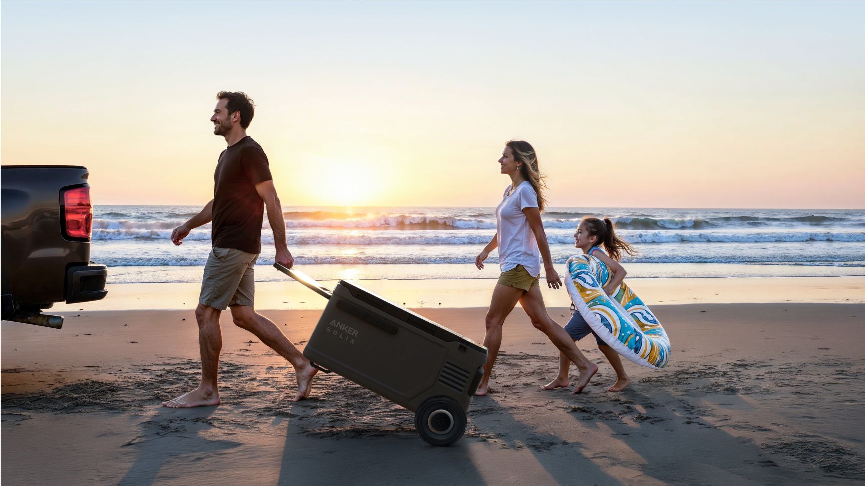 Man pulling the Anker SOLIX EverFrost 2 Electric Cooler 58L on a trolley beside the beach with two others