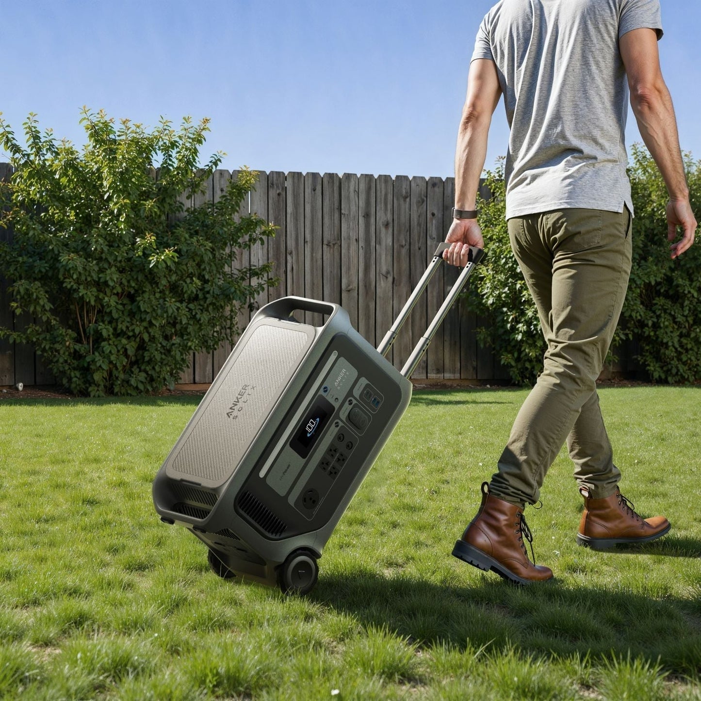 Man pulling the Anker SOLIX F3000 Portable Power Station using its handle