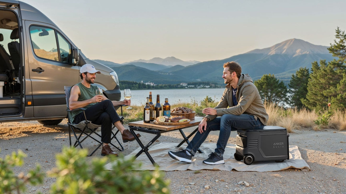 Man sitting on Anker SOLIX EverFrost 2 Electric Cooler 40L while another person holds a wine glass