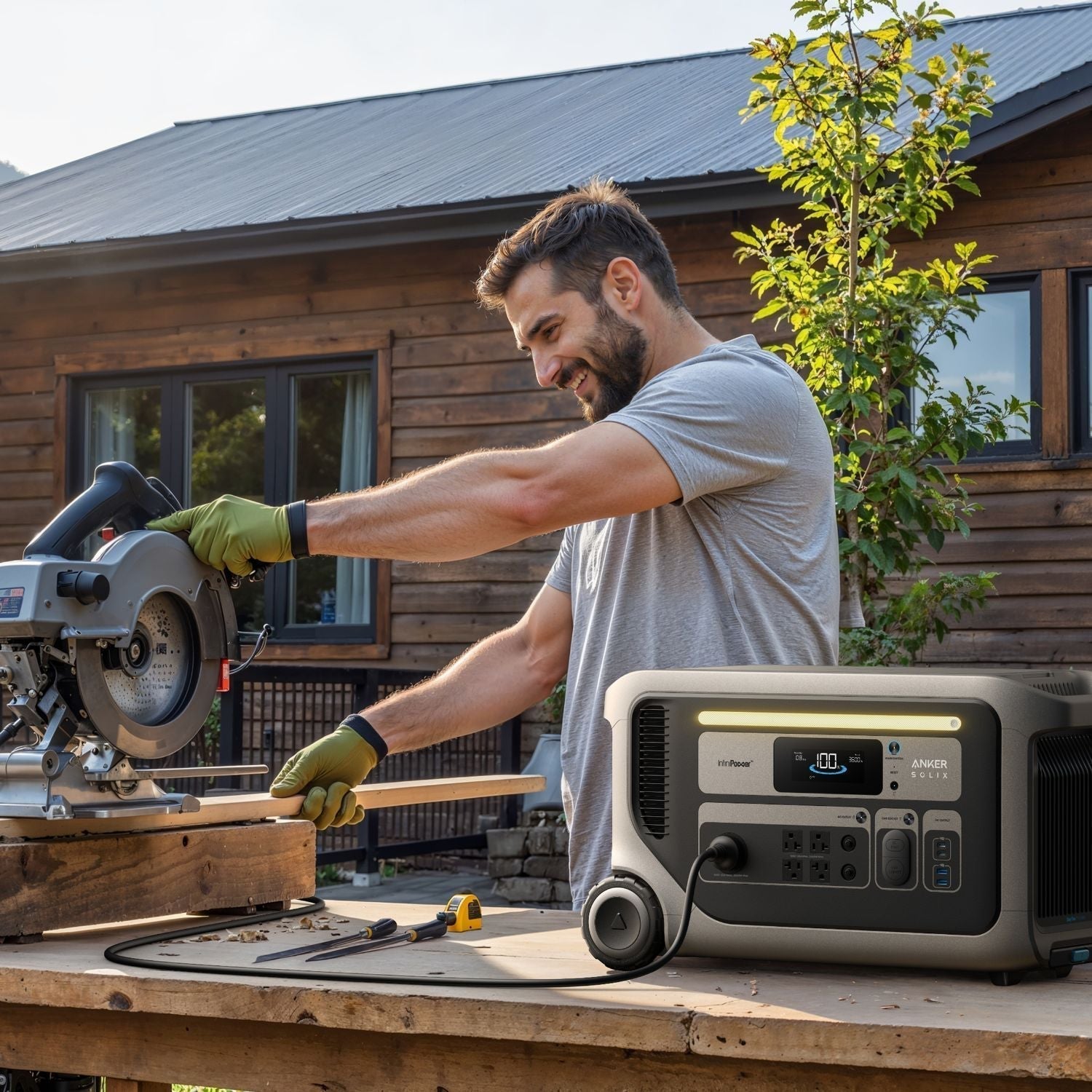 Man using the Anker SOLIX F3000 Portable Power Station to power a wood-cutting tool