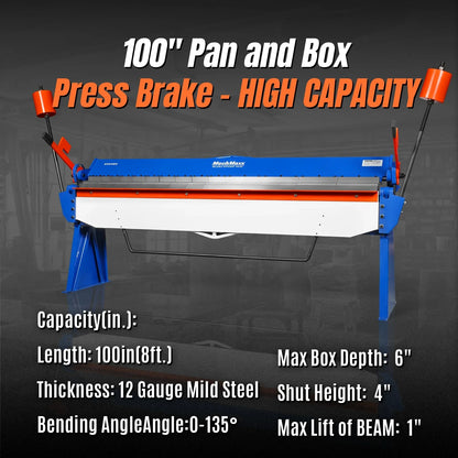 MechMaxx PB10012 Sheet Metal Brake 100" Manual 12 Gauge Adjustable Fingers 8' Heavy-Duty Steel Box and Pan New