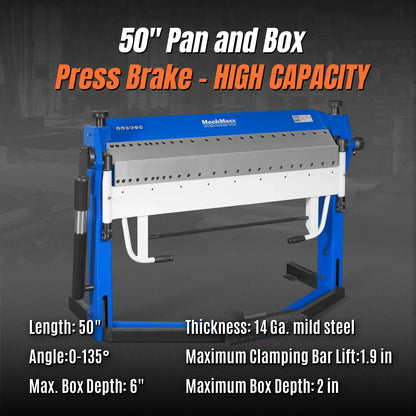 MechMaxx PB2A5014' Clamp Pan and Box Brake 50" Industrial Heavy Duty Sheet Metal Folding Machine 0-135° Bending Angle 1.9" Clamping Lift 2" Box Depth New