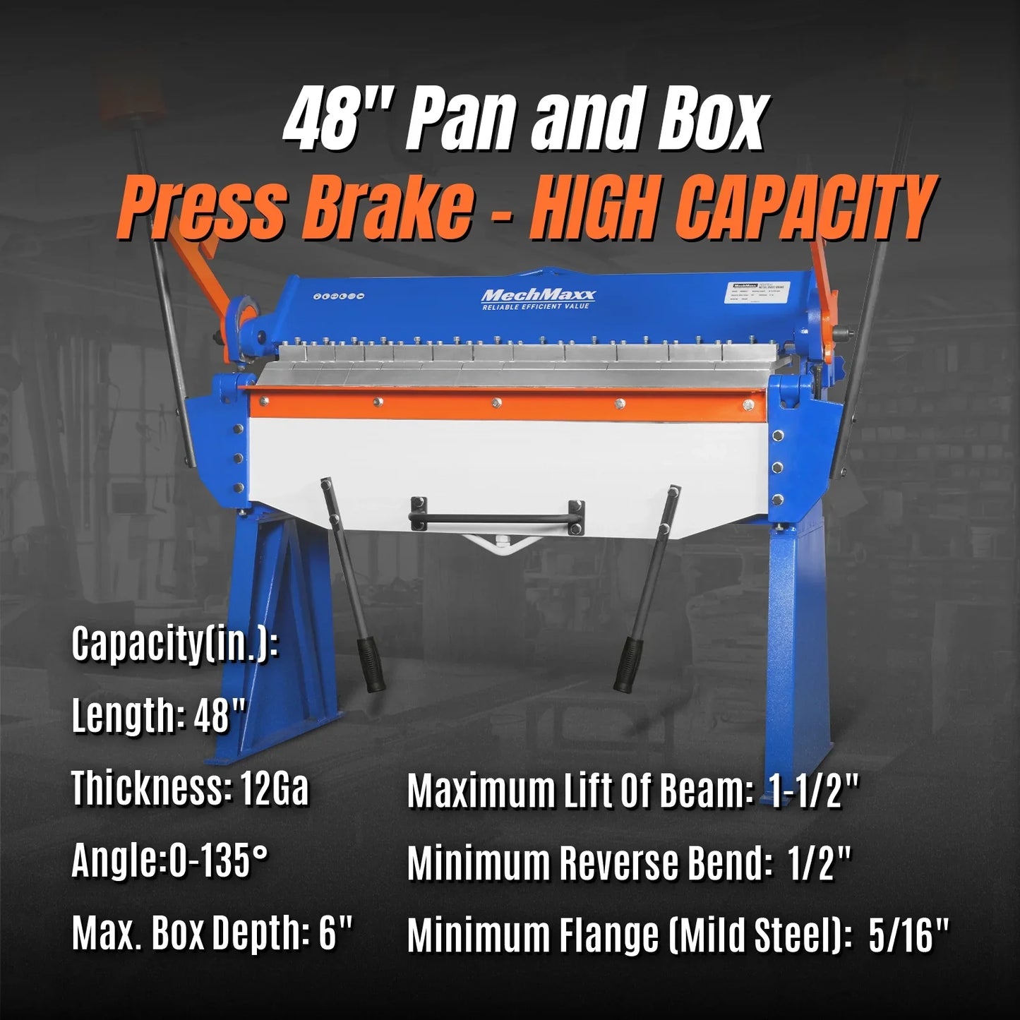MechMaxx PB4812 Pan and Box Brake 48" Manual Heavy Duty 12 Gauge Mild Steel 135° Bending Angle Individual Bending Fingers New