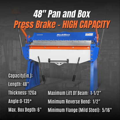 MechMaxx PB4812 Pan and Box Brake 48" Manual Heavy Duty 12 Gauge Mild Steel 135° Bending Angle Individual Bending Fingers New