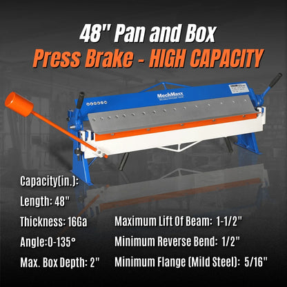 MechMaxx PB4816 Pan and Box Brake 48" Manual 16 Gauge Mild Steel Capacity 135° Bending Angle 16 Precision Fingers New