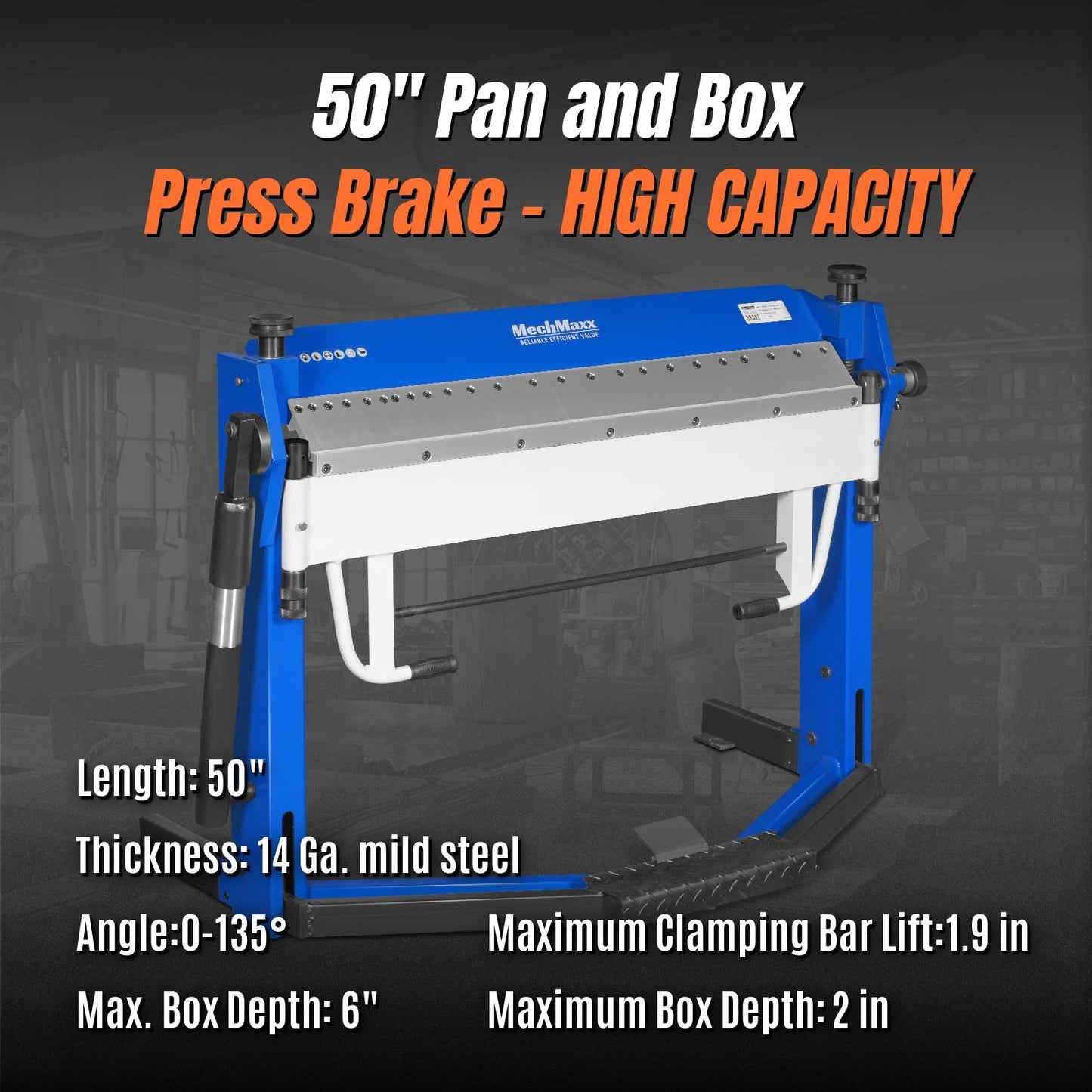 MechMaxx PBA5014' Clamp Pan and Box Brake 50" Light Duty Sheet Metal Folding Machine 0-135° Bending Angle 1.9" Clamping Lift 2" Box Depth New