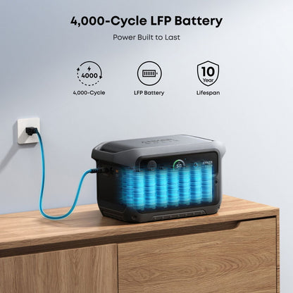 Portable power station with 4,000-cycle LFP battery on a wooden surface.