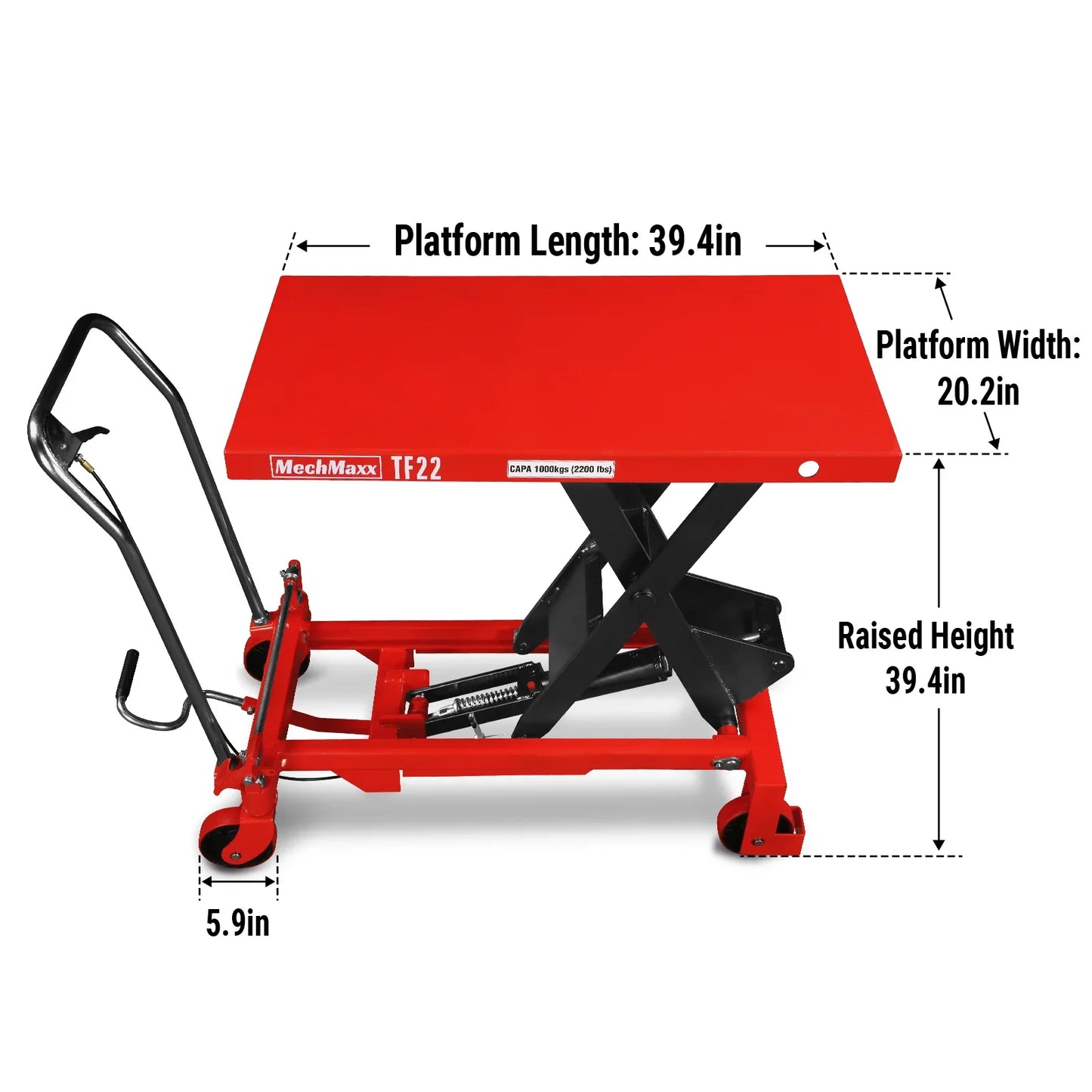 MechMaxx TF22 Lift Table Mobile Scissor Cart 2200 lbs Capacity 39.4" x 20.2" Platform Height 39.4" New