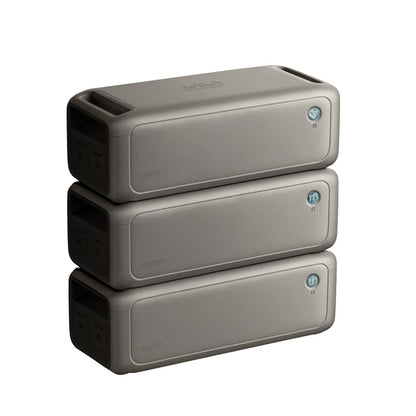 Three Anker SOLIX F3000 Expansion Batteries stacked vertically
