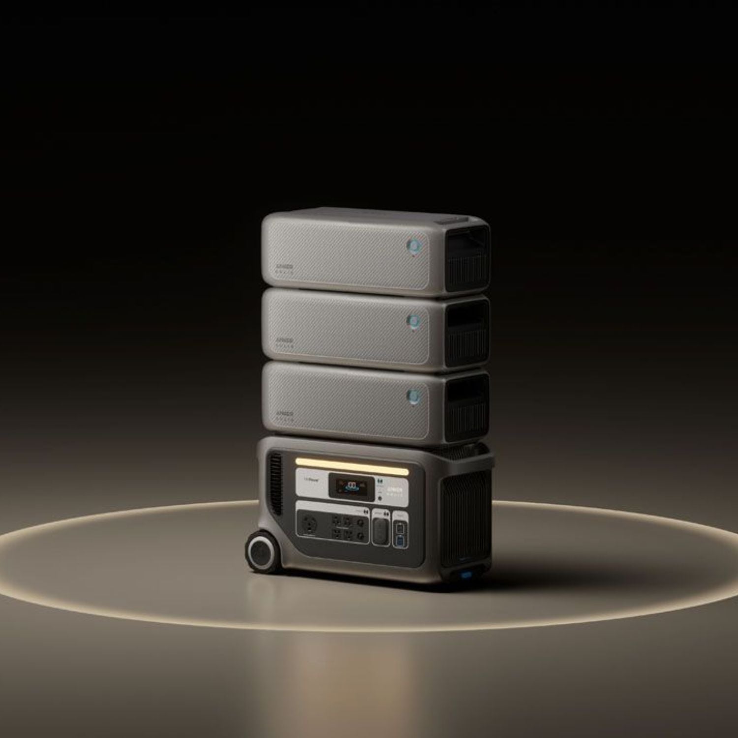 Three Anker SOLIX F3000 Expansion Batteries stacked with F300 Portable Power Station