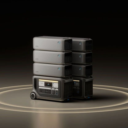 Two sets of three Anker SOLIX F3000 Expansion Batteries stacked with F300 Portable Power Stations