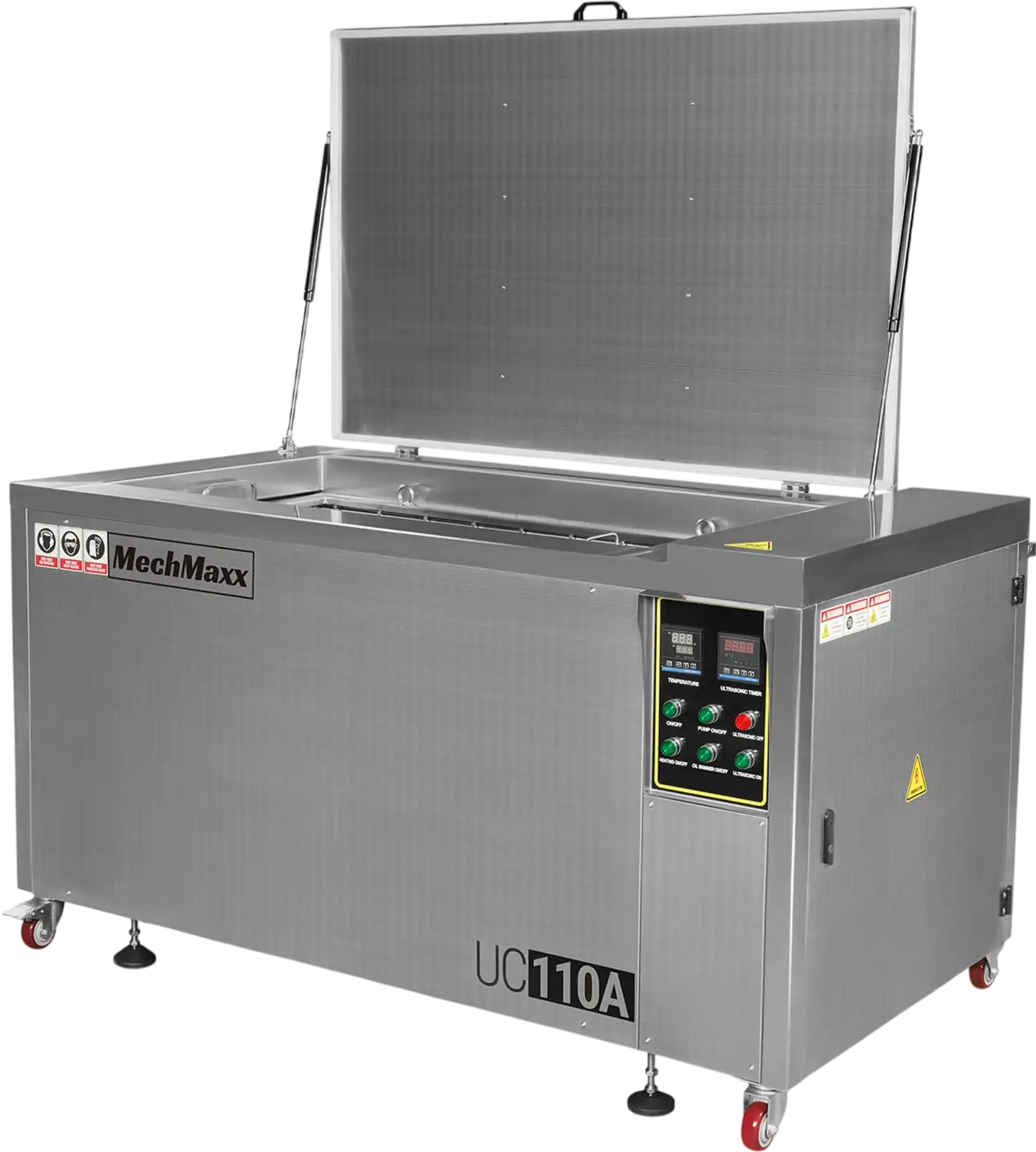 MechMaxx UC110A Ultrasonic Cleaner 114 Gal 432L Heavy Duty Industrial Parts Washer 28kHz 60 Transducers Oil Skimmer SS304 Tank 10kW Heater 208-240V 3 Phase Power New