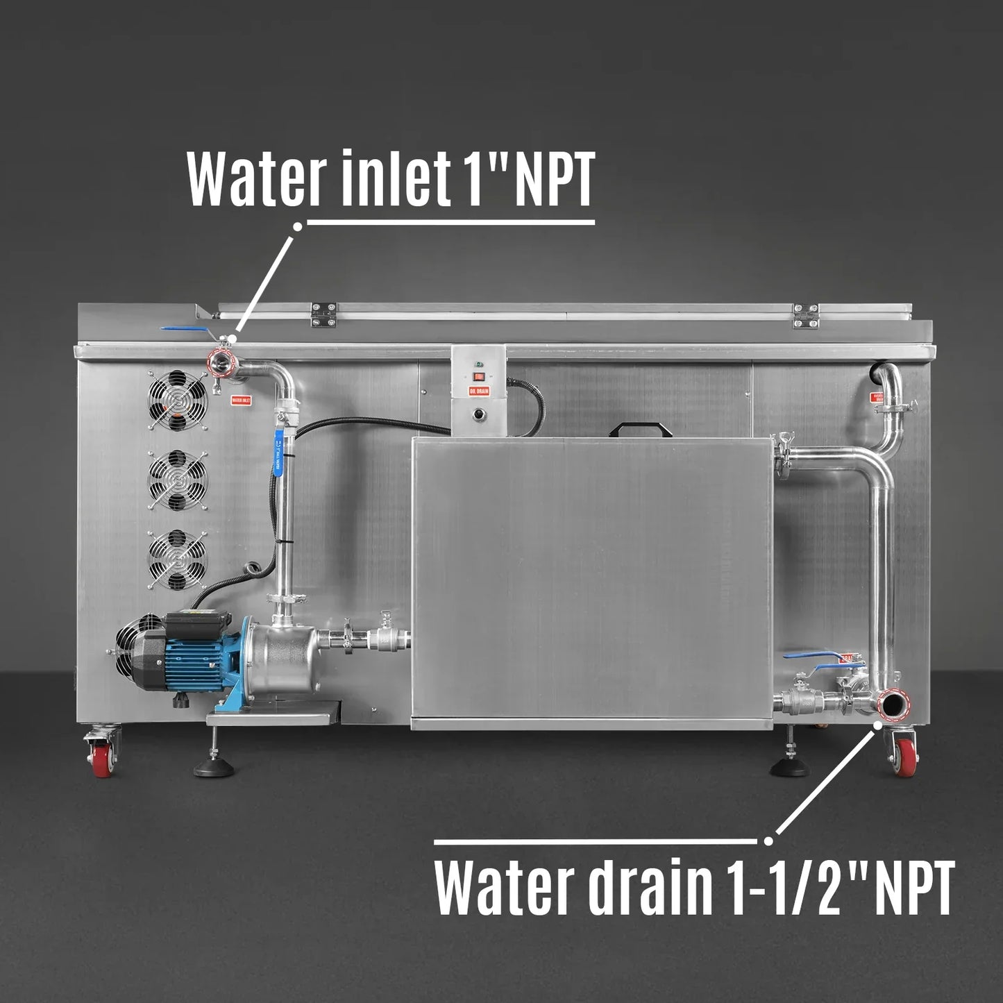 MechMaxx UC110A Ultrasonic Cleaner 114 Gal 432L Heavy Duty Industrial Parts Washer 28kHz 60 Transducers Oil Skimmer SS304 Tank 10kW Heater 208-240V 3 Phase Power New