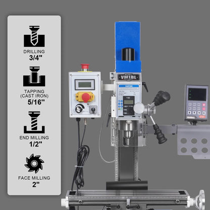 MechMaxx VM18LD Mill Drill Machine 6x20" Benchtop DRO Brushless Motor Variable Speed R8 Spindle 1 HP 110V Compact Milling Drilling Tool New