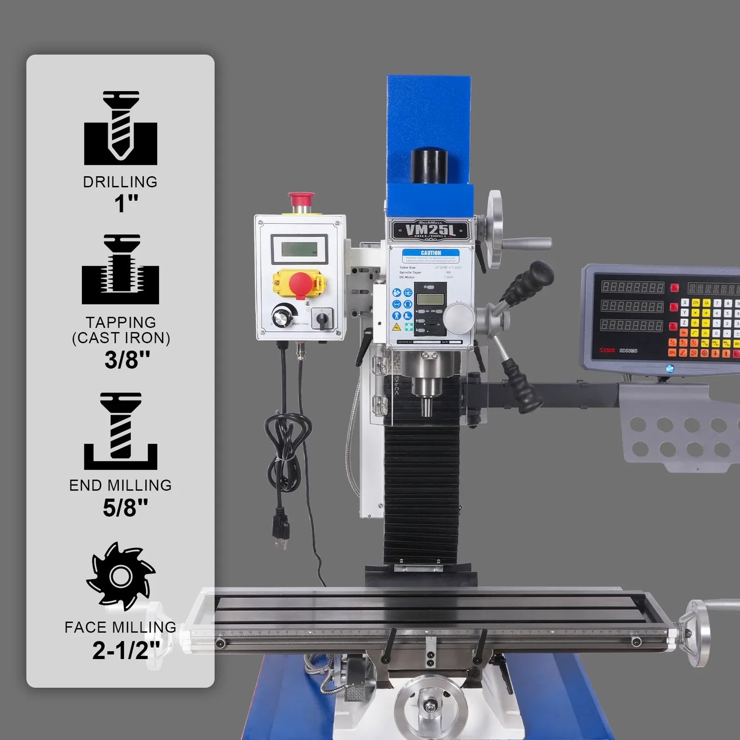 MechMaxx VM25LD Mill Drill Machine 1.5HP 7" x 27-1/2" Benchtop Mini Variable Speed R8 Spindle Brushless Motor 110V New
