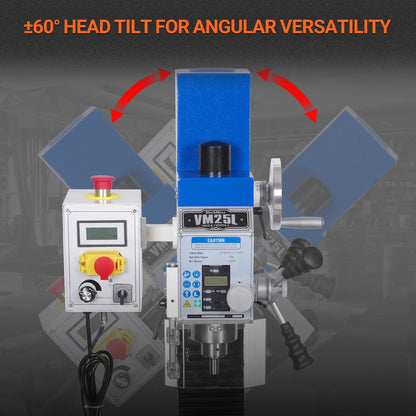 MechMaxx VM25L Mill Drill Machine 7" x 27-1/2" Benchtop Mini Variable Speed Brushless Motor R8 Spindle 1.5 HP 110V New