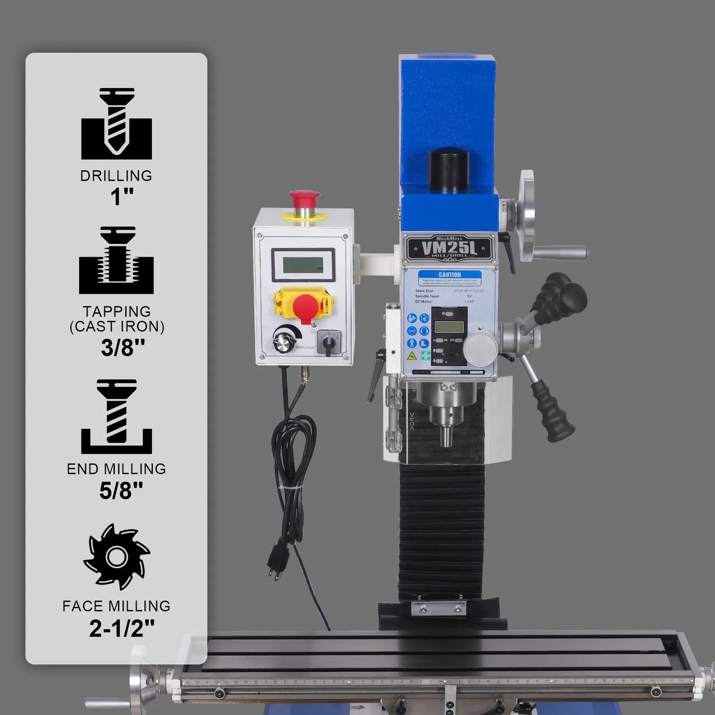 MechMaxx VM25L Mill Drill Machine 7" x 27-1/2" Benchtop Mini Variable Speed Brushless Motor R8 Spindle 1.5 HP 110V New