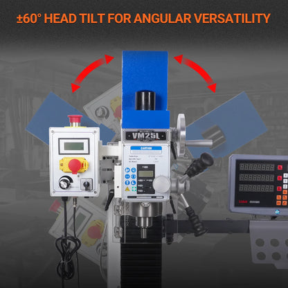 MechMaxx VM25LD Mill Drill Machine 1.5HP 7" x 27-1/2" Benchtop Mini Variable Speed R8 Spindle Brushless Motor 110V New