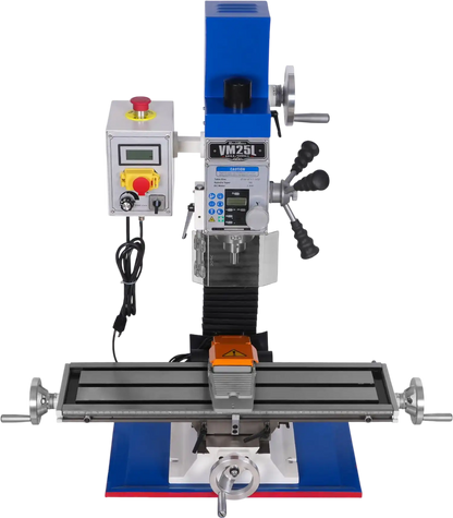 MechMaxx VM25L Mill Drill Machine 7" x 27-1/2" Benchtop Mini Variable Speed Brushless Motor R8 Spindle 1.5 HP 110V New