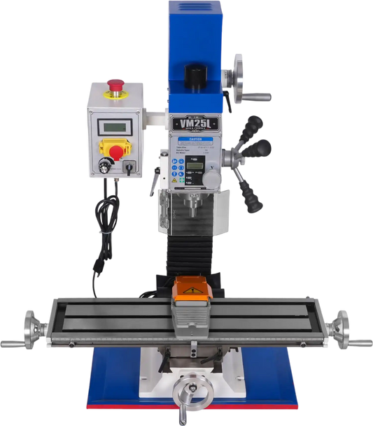 MechMaxx VM25L Mill Drill Machine 7" x 27-1/2" Benchtop Mini Variable Speed Brushless Motor R8 Spindle 1.5 HP 110V New