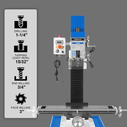 MechMaxx VM32L Mill Drill Machine 8-1/4x33" Industrial Benchtop Brushless Motor Variable Speed R8 Spindle 2 HP 110V New