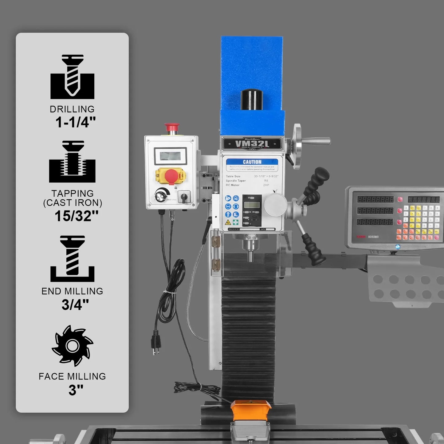 MechMaxx VM32LD Mill Drill Machine 8-1/4" x33" Industrial Benchtop Variable Speed Brushless Motor DRO R8 Spindle 2 HP 110V Compact New