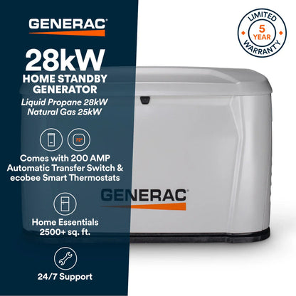 Generac 7329 28kW Standby Generator Propane Natural Gas 1 Phase 240V w/ 200A Automatic Transfer Switch