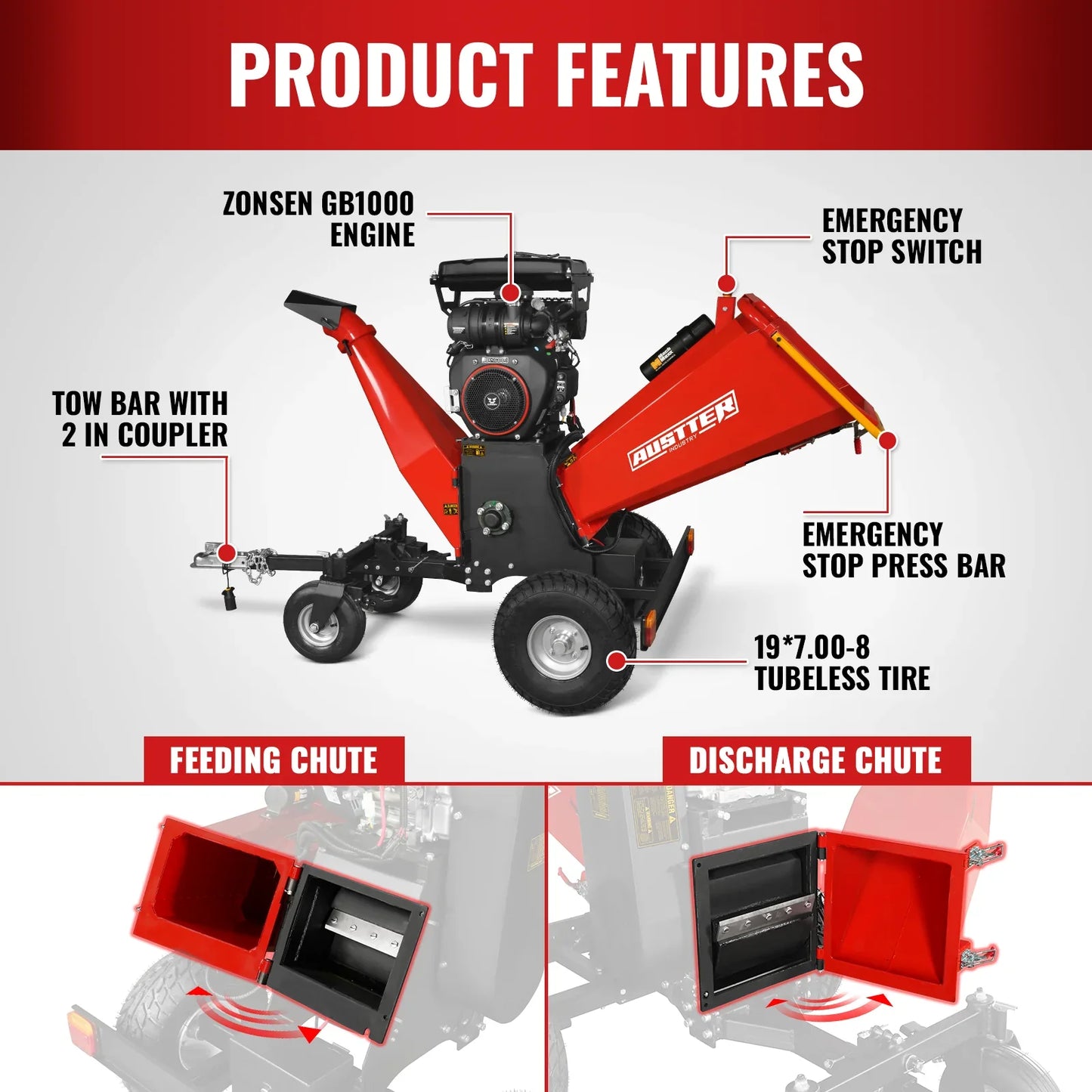 MechMaxx B200 Wood Chipper 8" ZONSEN Electric Start 1000cc 35HP Gas Powered 4-Wheel Drum with Taillight New