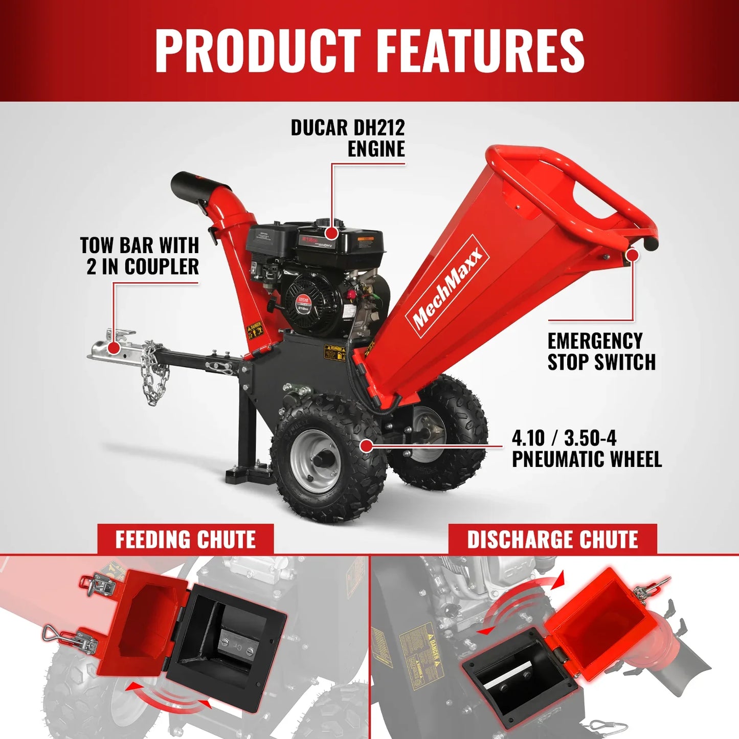 MechMaxx GS650 Wood Chipper 4" DUCAR 212cc 7HP Gas Engine Powered with Towbar New