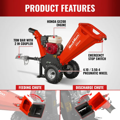 MechMaxx GS650 Wood Chipper Honda GX200 Gasoline Engine Powered 4" New