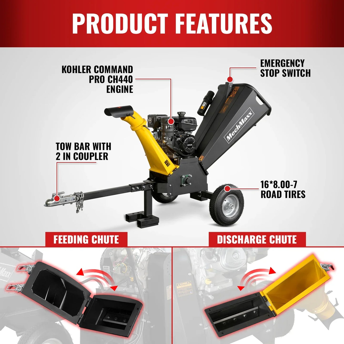 MechMaxx GS1500 Wood Chipper 5" Electric Start KOHLER 429cc Gasoline Engine Powered New