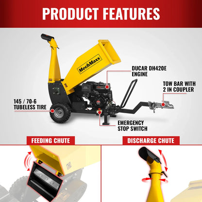MechMaxx PGS1500 Wood Chipper 5" Electric Start DUCAR 420cc 15 HP Gasoline Engine Powered Drum with Towbar New