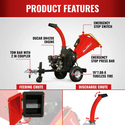 MechMaxx P4205 Wood Chipper 5" Electric Start DUCAR 420cc 15HP Gas Engine Powered Disc with Taillight New