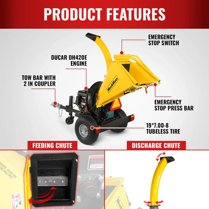 MechMaxx P4205 Wood Chipper 5" Electric Start DUCAR 420cc 15 HP Gasoline Engine Powered Disc with Taillight New