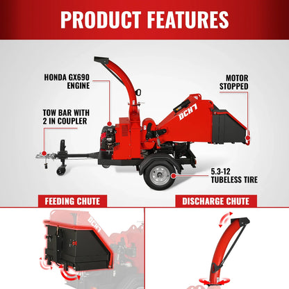 MechMaxx DCH7 Wood Chipper Honda GX690 22HP 688cc Twin Cylinder Gasoline Engine Powered 7" Hydraulic Feeding New